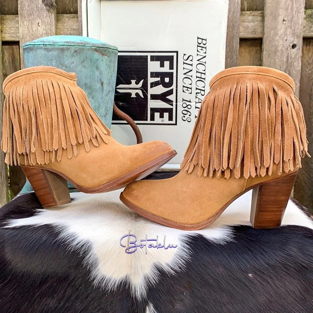 FRYE NEW ❤️ Llana Fringe Suede Leather Western Ankle Bootie Boots Size 8.5 - Picture 10 of 11